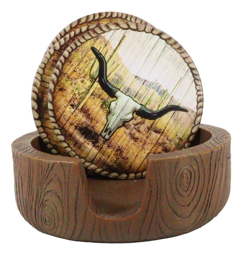 Rustic Western Rodeo Roundup Longhorn Cow Skull Ropes Faux Wooden Coaster Set