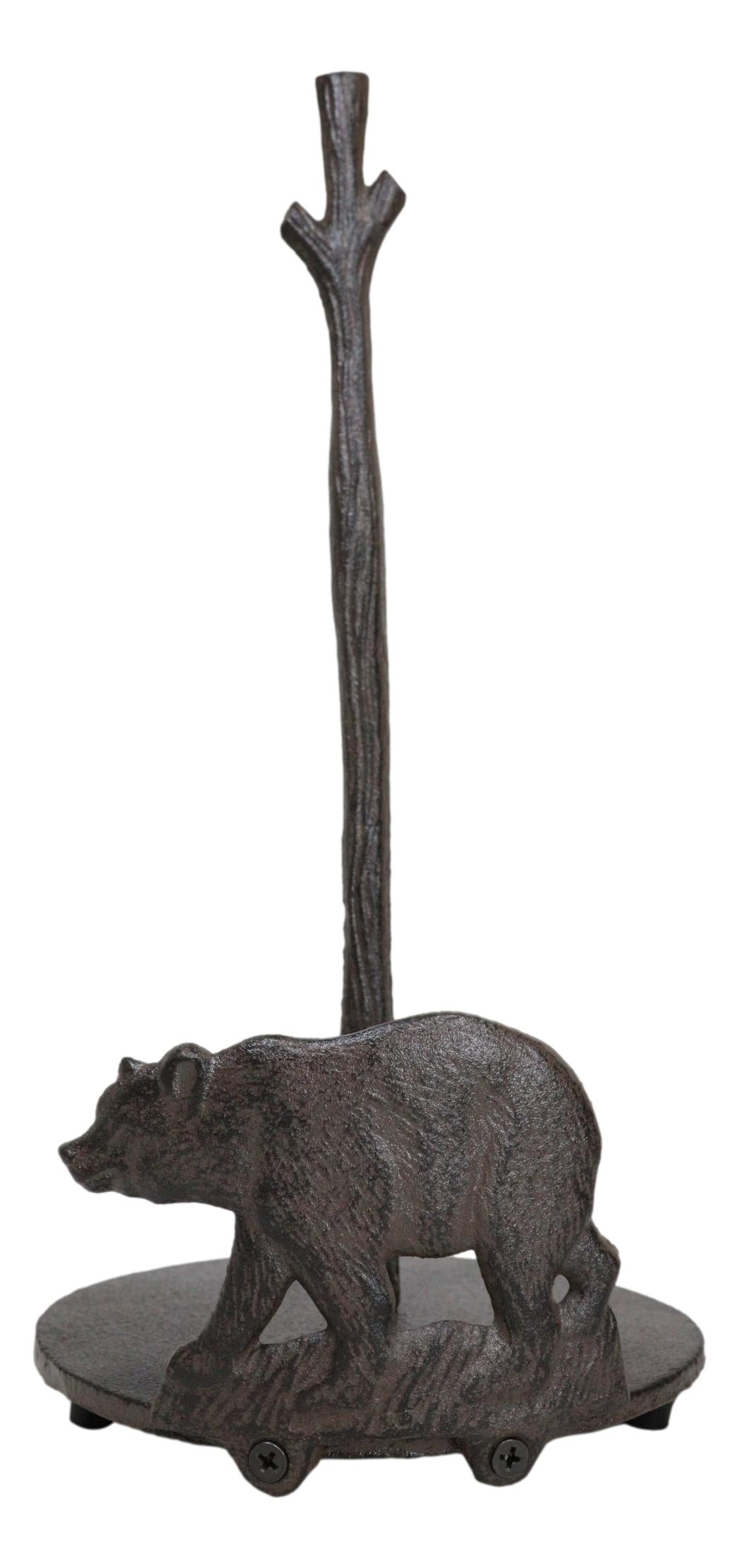 Rustic Cast Iron Western Forest Black Bear Strolling Paper Towel Holder Stand - Ebros Gift