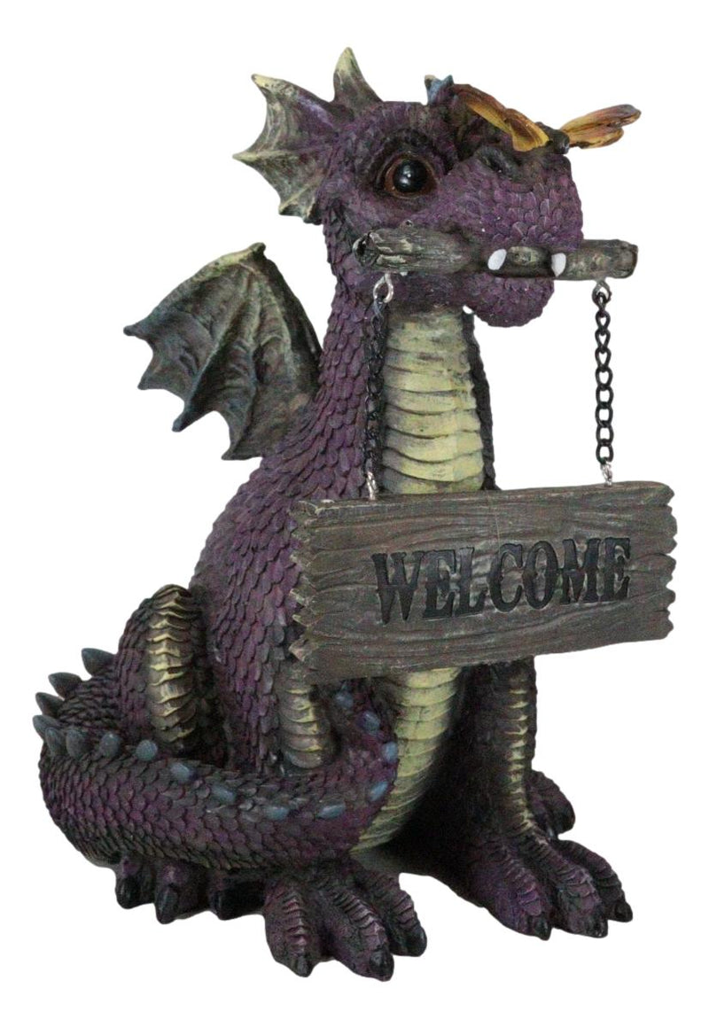 Whimsical Purple Garden Dragon With Butterfly Biting Welcome Plank Sign Figurine