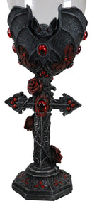 Gothic Macabre Flying Bat Cathedric Cross With Red Gems And Roses Wine Goblet