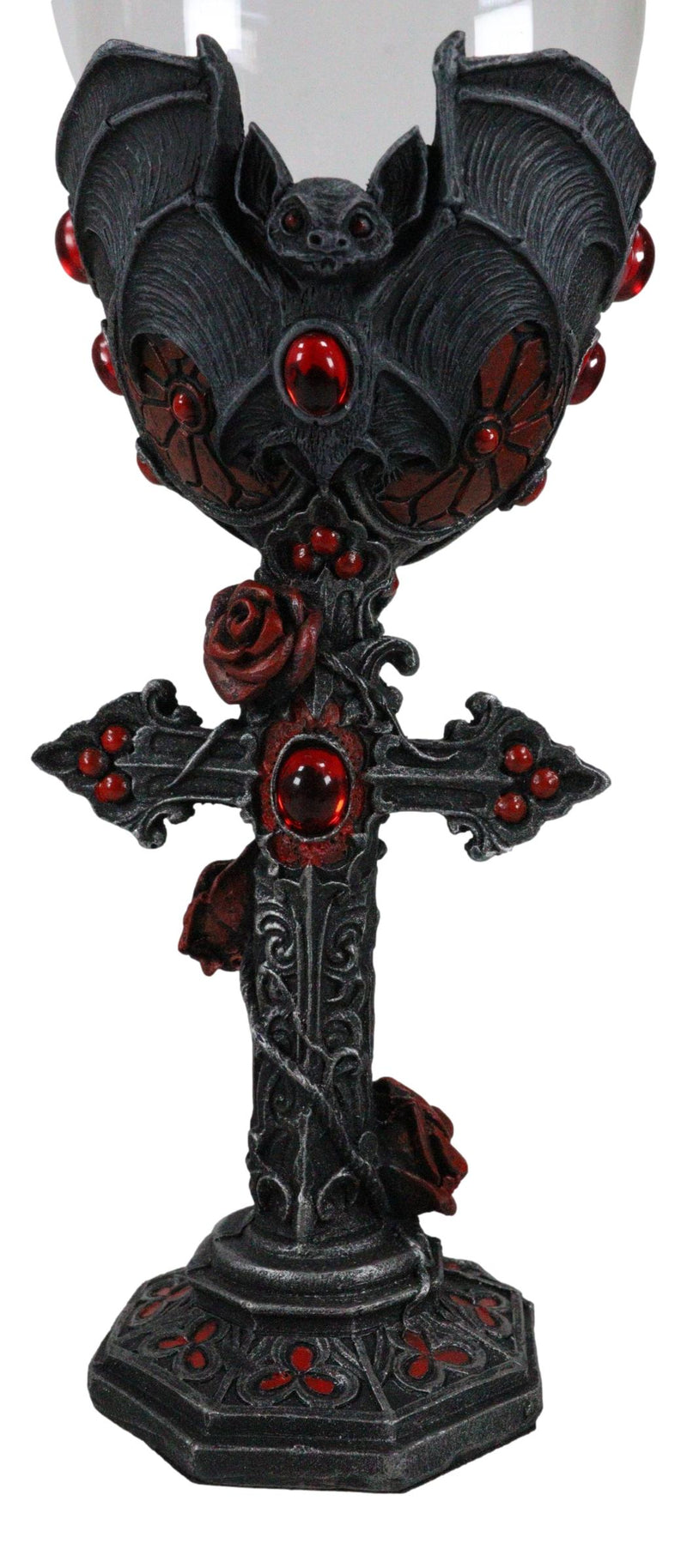Gothic Macabre Flying Bat Cathedric Cross With Red Gems And Roses Wine Goblet