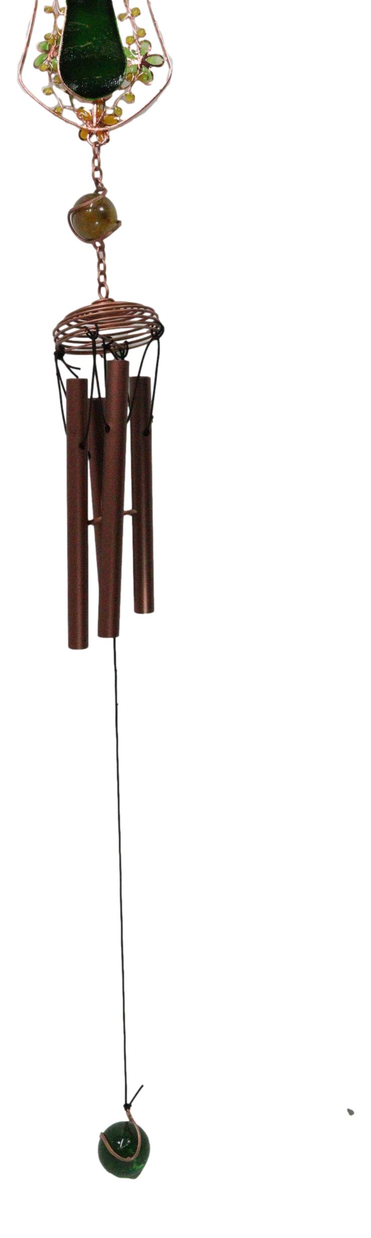 Green Floral Shamrock Cross with Gemstones Metal Scroll Filigree Wind Chime 31"H