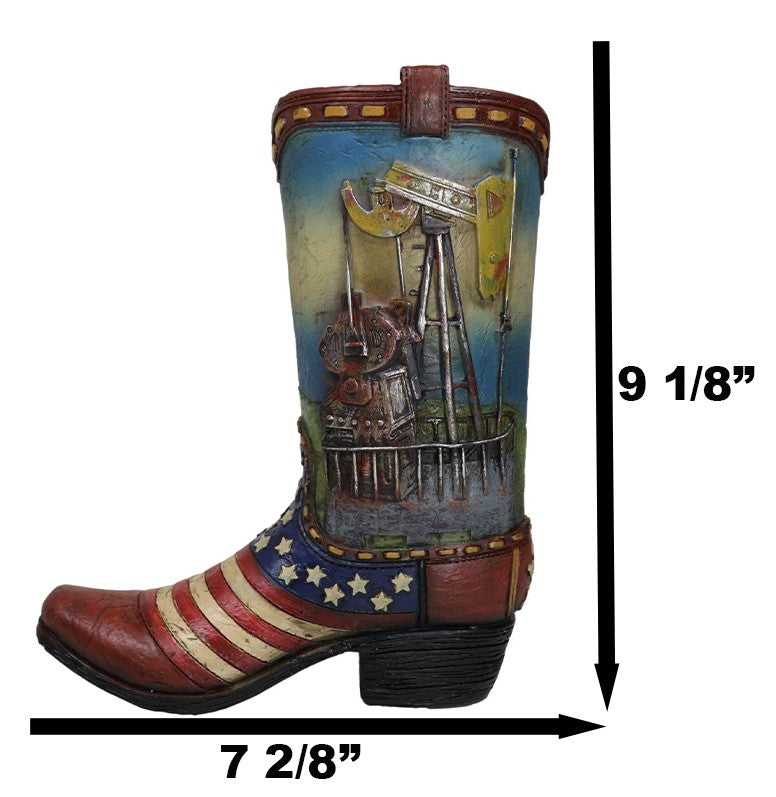 Rustic Western Oil Derrick Pump Jack USA Flag Cowboy Boot Flower Vase Planter