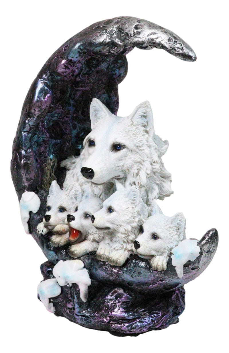 Snow White Wolf Mother With 4 Pups On LED Light Crater Crescent Moon Figurine