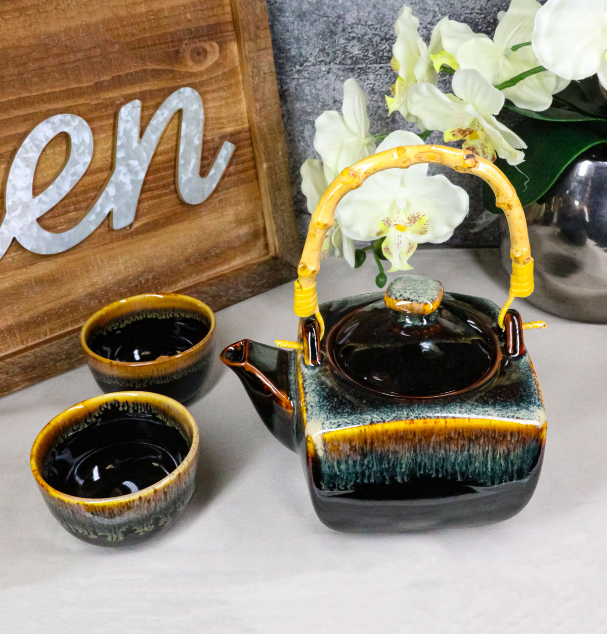 Artistic Black & Brown Waterfall Reactive Glaze 32oz Teapot With 2 Tea Cups Set