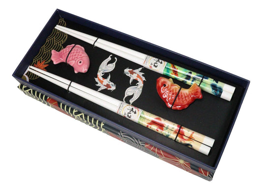Red And Pink Auspicious Koi Fishes Set of 2 Chopsticks And Ceramic Rests Set