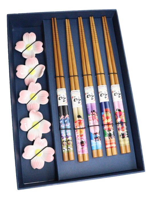 5 Pairs Of Pink Cherry Blossoms Sakura Ceramic Rests With Wooden Chopsticks Set