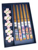 5 Pairs Of Pink Cherry Blossoms Sakura Ceramic Rests With Wooden Chopsticks Set