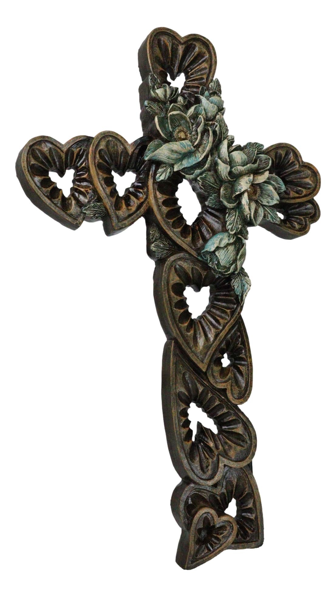 Rustic Western Blooming Flowers Garland With Hearts Decorative Wall Cross