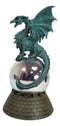 Teal Monarch Dragon Perching On LED Optic Plasma Ball With Battlement Wall Base