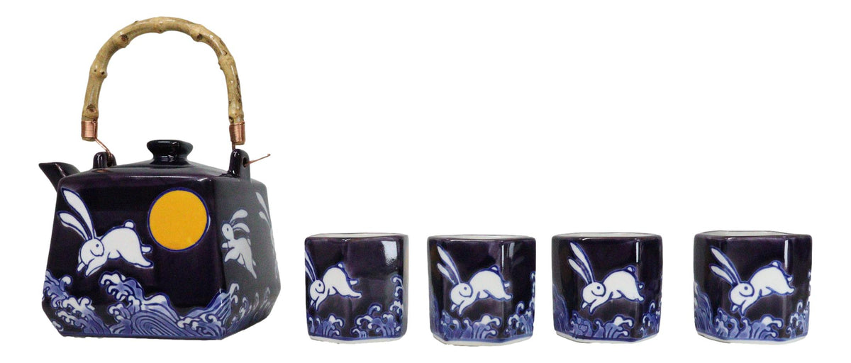 Purple Blue Night Moon White Rabbit Ceramic Hexagonal Teapot With 4 Tea Cups Set
