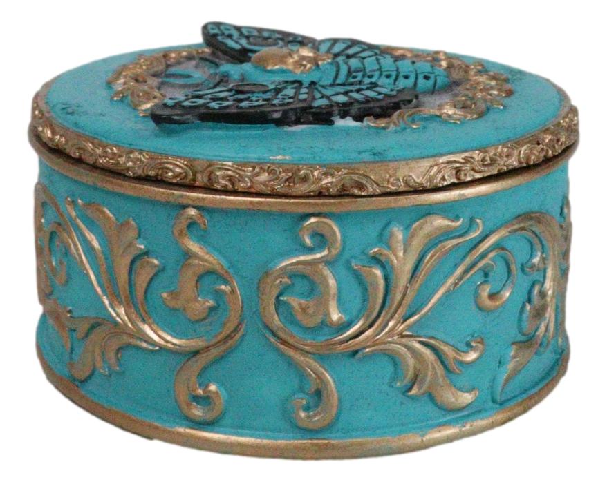 Turquoise And Gold Scrollwork Death Moth Skull Decorative Trinket Jewelry Box