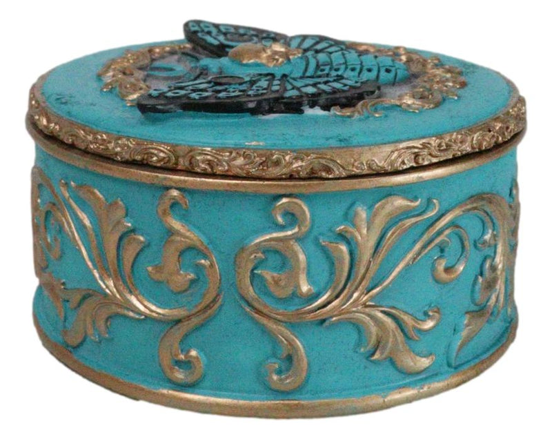 Turquoise And Gold Scrollwork Death Moth Skull Decorative Trinket Jewelry Box