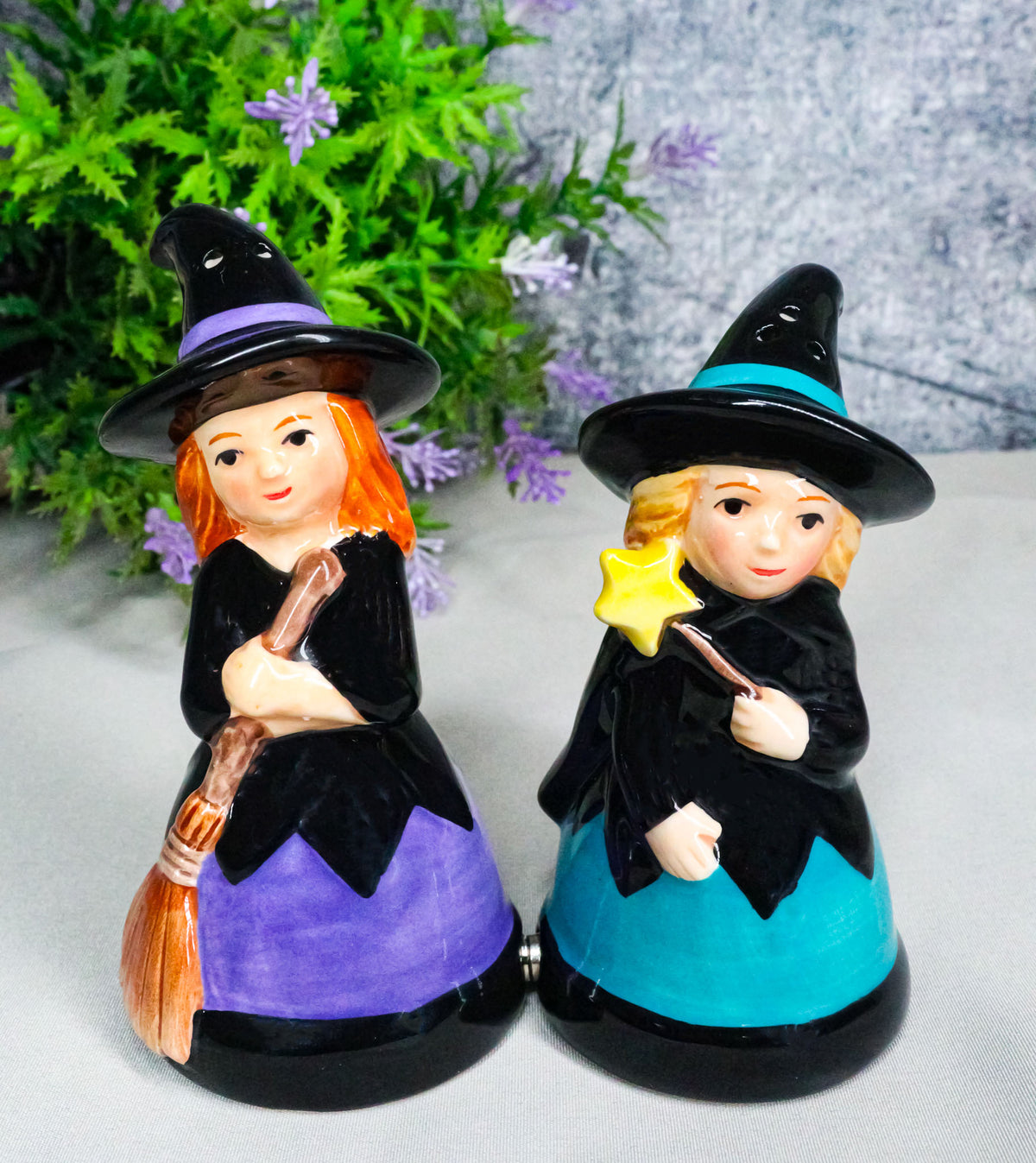 Hocus Pocus Witches With Broomstick Magic Wand Ceramic Salt Pepper Shakers Set