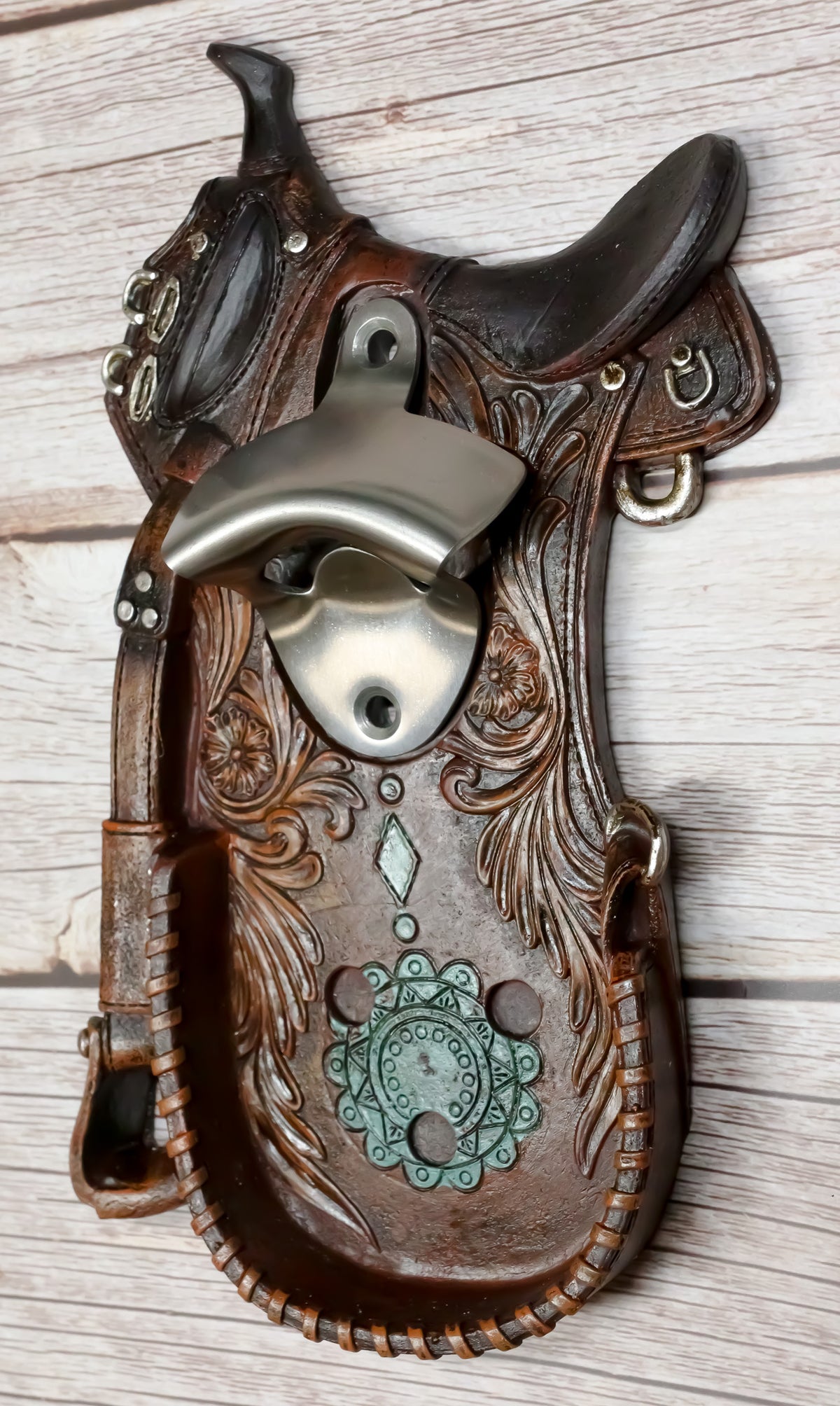 Rustic Western Cowboy Horse Saddle Tooled Floral Faux Leather Wall Bottle Opener