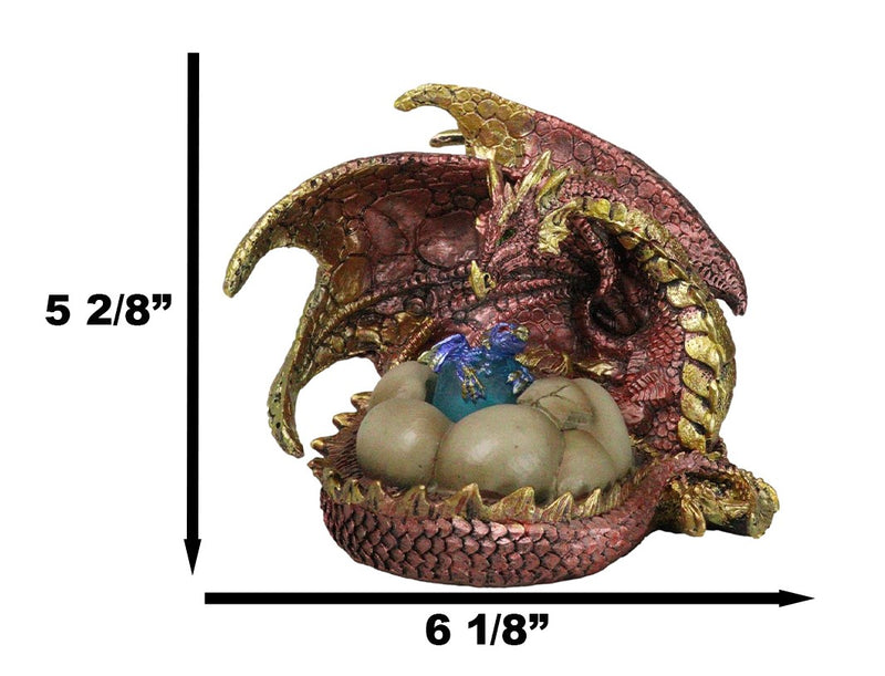 Red Gold Fire Mother Dragon Guarding Eggs And Baby Hatchling With LED Figurine