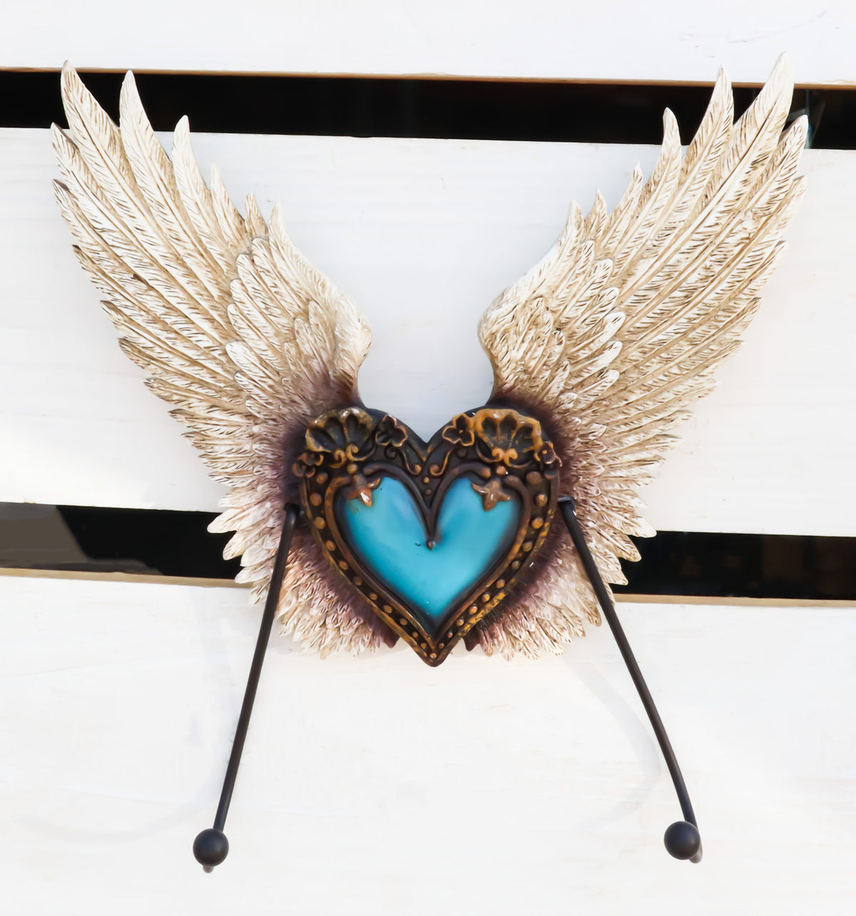 Rustic Western Turquoise Heart Le Fleur Angel Wings Wall Double Hooks Sculpture - Ebros Gift