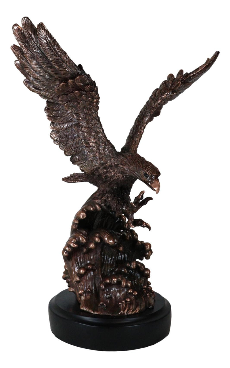 Patriotic Bald Eagle Swooping Into Ocean Waves Bronzed Resin Figurine With Base