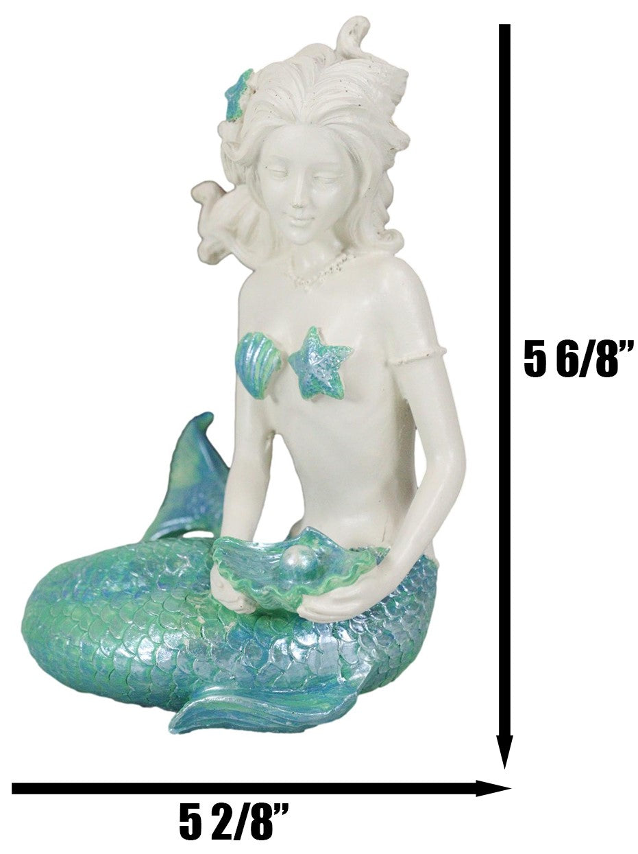 Nautical Aqua Capiz Blue Tailed Mermaid Holding Pearl In Clam Shell Figurine