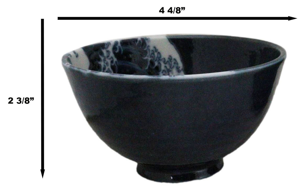 Set Of 5 Blue Japanese Hokusai Great Wave Porcelain Soup Rice Dessert Bowls 10oz