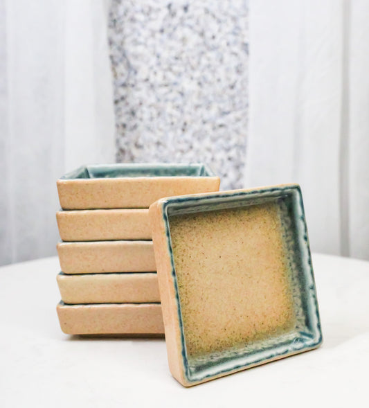 Set Of 6 Blue River Ao Nagashi Art Ceramic Square Condiment Sauce Dishes 2oz
