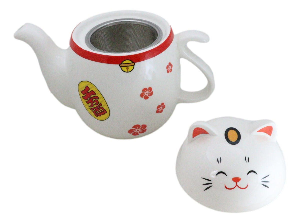 Japanese Maneki Neko Lucky Beckoning Cat Ceramic Tea Pot With Metal Strainer - Ebros Gift
