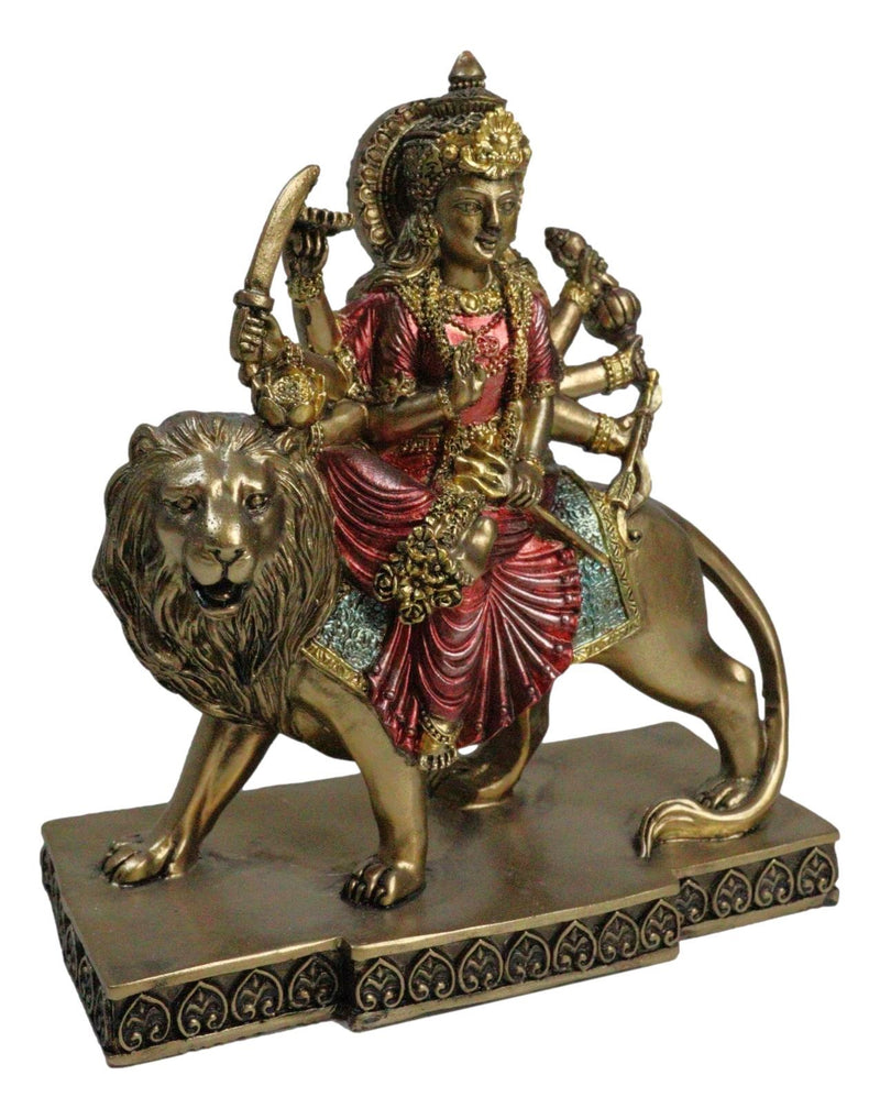 Hindu Goddess Durga Wearing Red Sari With Weapons Riding On Lion Figurine