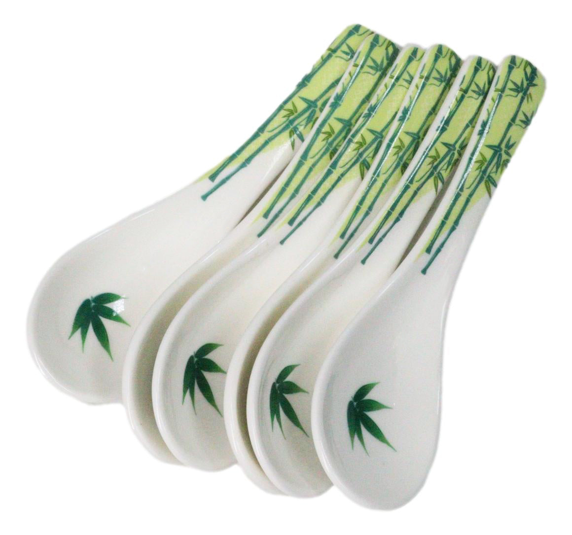 Set of 6 Green Bamboo Porcelain Asian Soup Spoons Japanese Ramen Pho Wonton