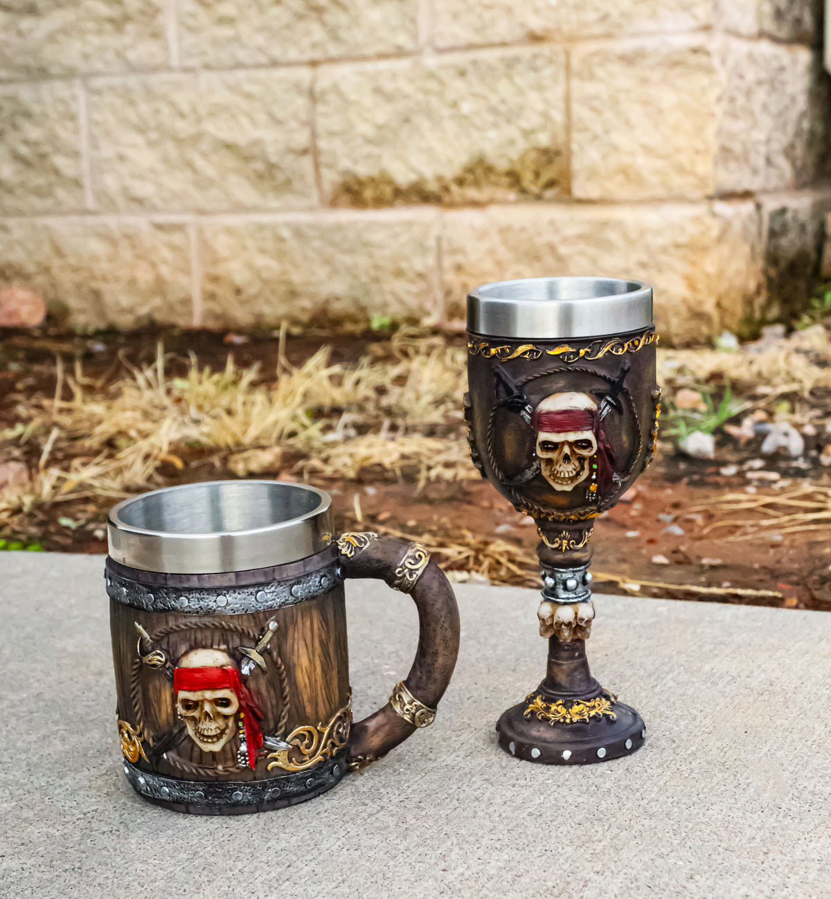 Nautical Rustic Barrel Pirate Skull Wine Goblet & Beer Tankard Mug Set of 2