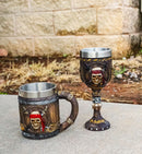 Nautical Rustic Barrel Pirate Skull Wine Goblet & Beer Tankard Mug Set of 2