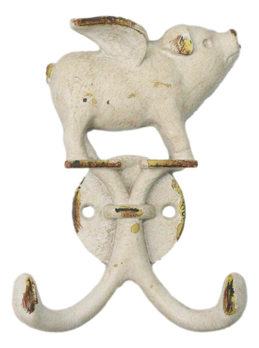 Pack Of 2 Rustic Cast Iron Antiqued White Flying Angel Pig 2-Pegs Wall Hooks
