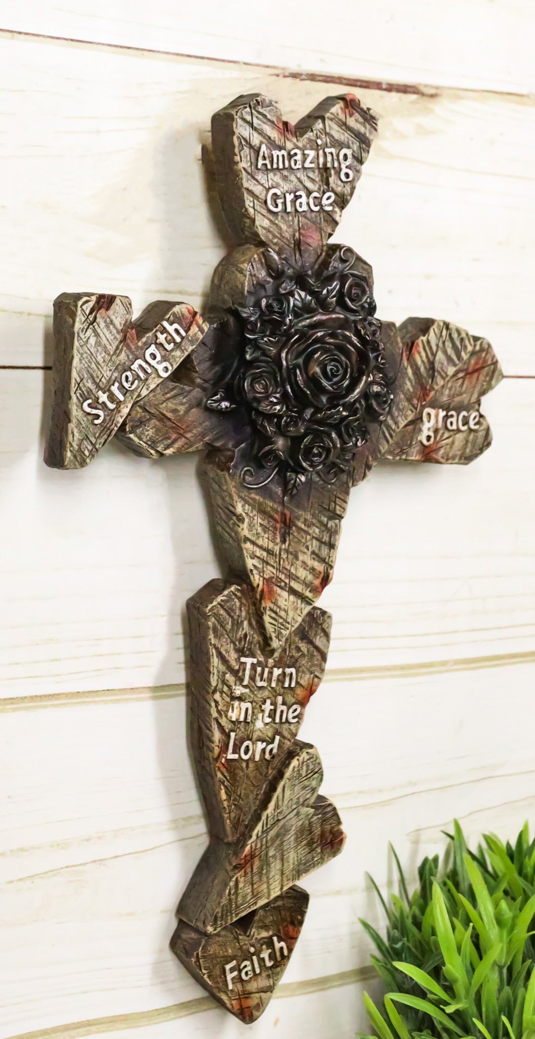 Rustic Amazing Grace Strength Faith Blooming Roses Faux Wood Hearts Wall Cross - Ebros Gift