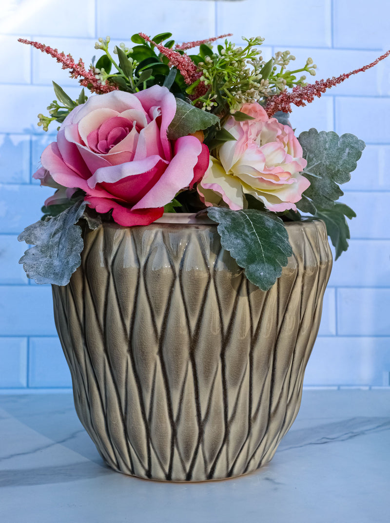 Glazed Pottery Ceramic Diamond Pattern Floral Grey Vase Planter Pot Gardening