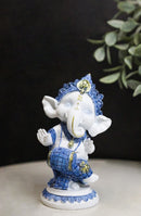 Blue White Hindu Elephant God Dancing Ganesha With Mridangam Drum Figurine