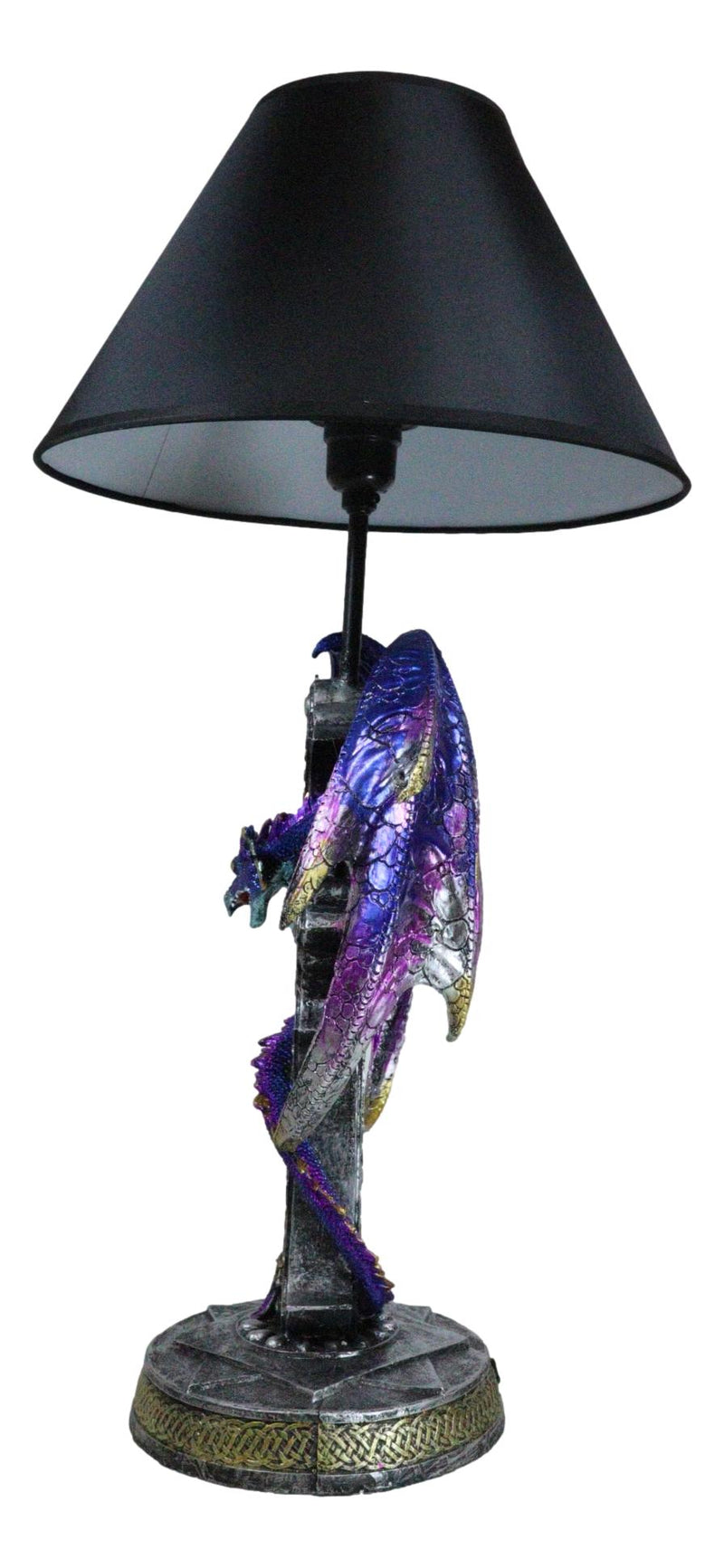 Purple Iridescent Dragon With Silver Celtic Knot High Cross Crystal Table Lamp