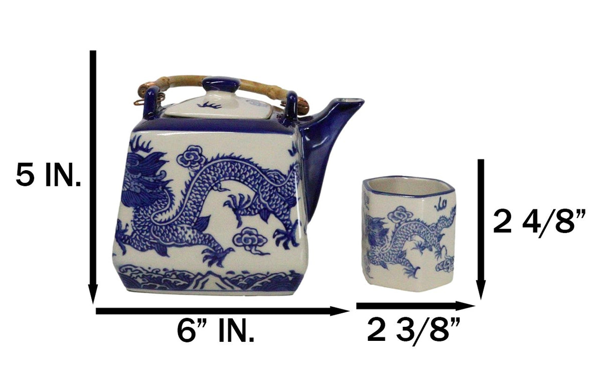 Heavenly Blue Oriental Ryu Dragon King Hexagonal Teapot With 4 Tea Cups Set
