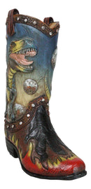 Western Prehistoric T-Rex Dinosaur With Volcano Faux Leather Cowboy Boot Vase
