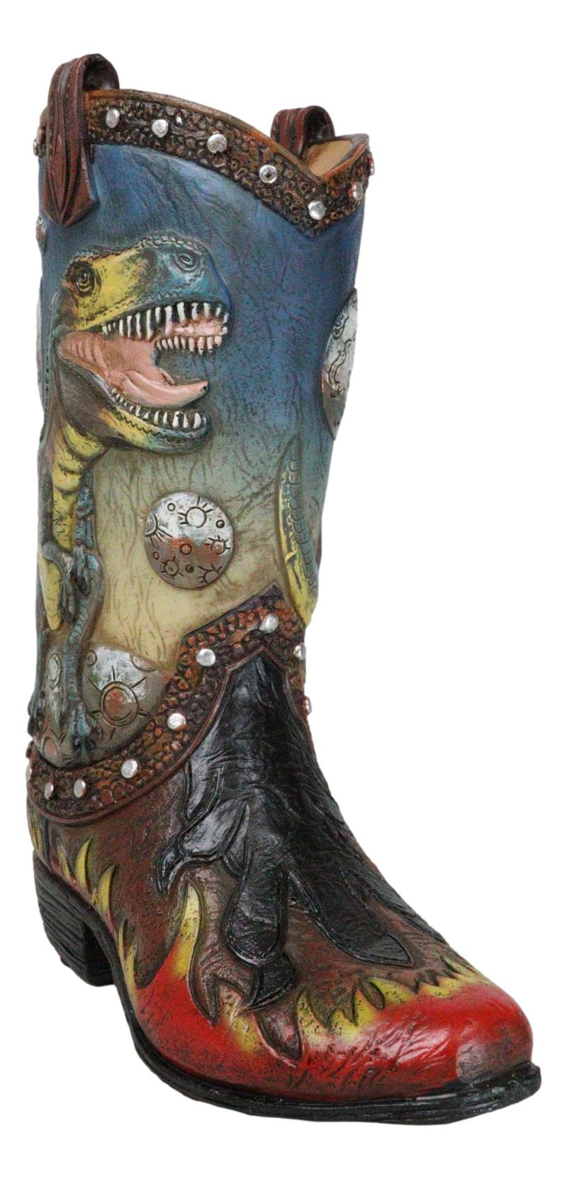 Western Prehistoric T-Rex Dinosaur With Volcano Faux Leather Cowboy Boot Vase