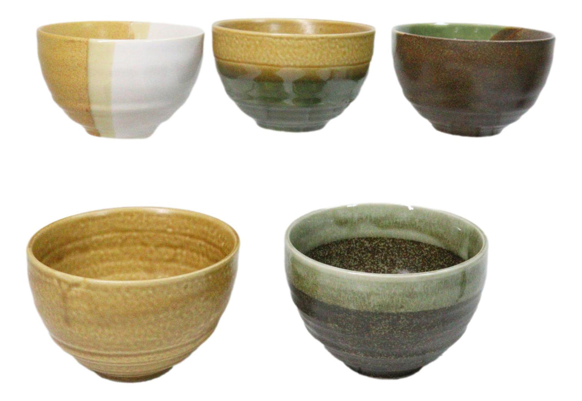 Abstract Art Tenmoku Glazed Ceramic 10oz Matcha Tea Bowl Set of 5 Made In Japan