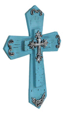 Rustic Western Turquoise Silver Scrollwork Faux Wood Layered Wall Cross Crucifix