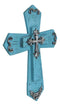 Rustic Western Turquoise Silver Scrollwork Faux Wood Layered Wall Cross Crucifix