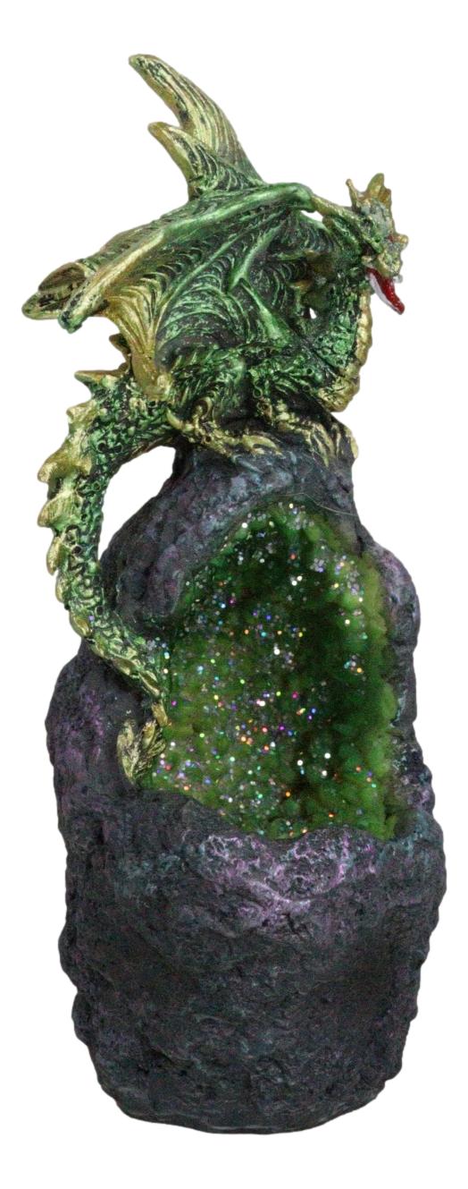 Metallic Green Gold Meteorite Dragon On Faux Geode Crystal Cavern Rock Figurine