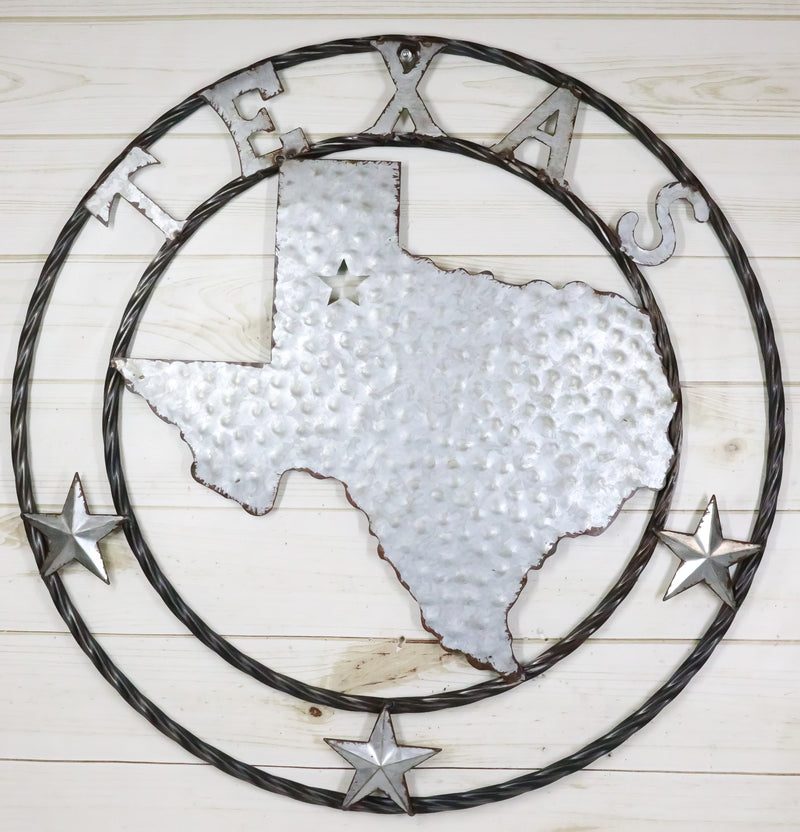 Large 24" Rustic Western Lone Star State Texas Galvanized Metal Wall Circle Sign