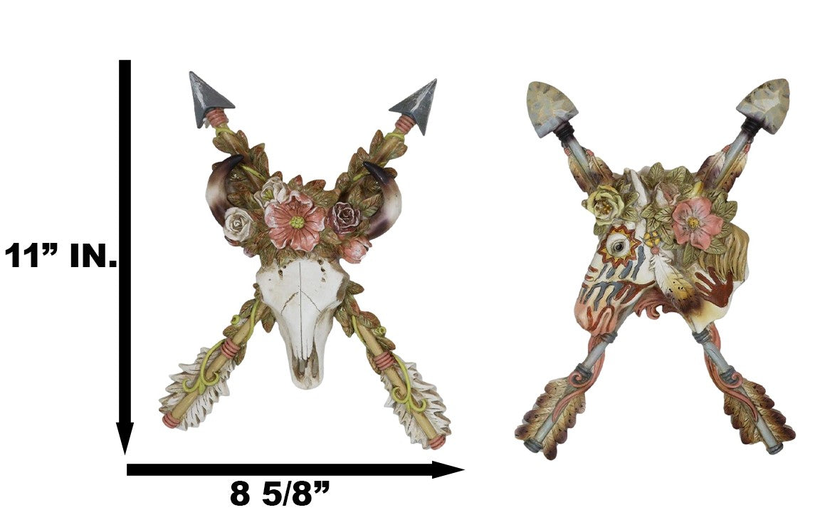 Set of 2 Western Floral Blooms Cow Skull & Horse With Crossed Arrows Wall Decor