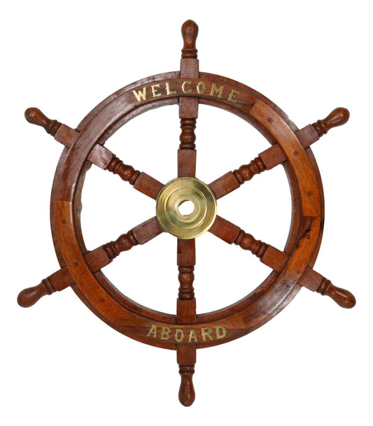 Nautical Marine Vintage Wood Brass Ship Steering Helm Boat Wheel Wall Decor 23"D