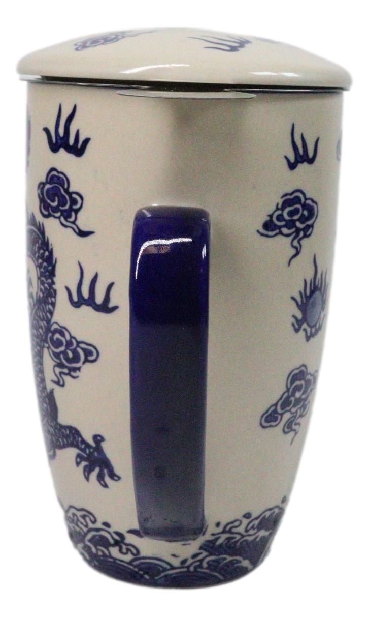 Blue Oriental Ryu Dragon 15oz Porcelain Tea Mug With Lid Stainless Steel Infuser