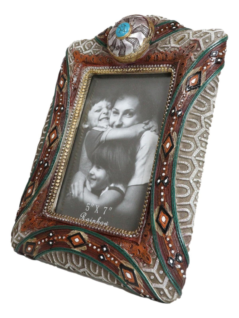 Rustic Southwest Silver Concho Turquoise Gem Tribal Patterns Picture Frame 5"X7"