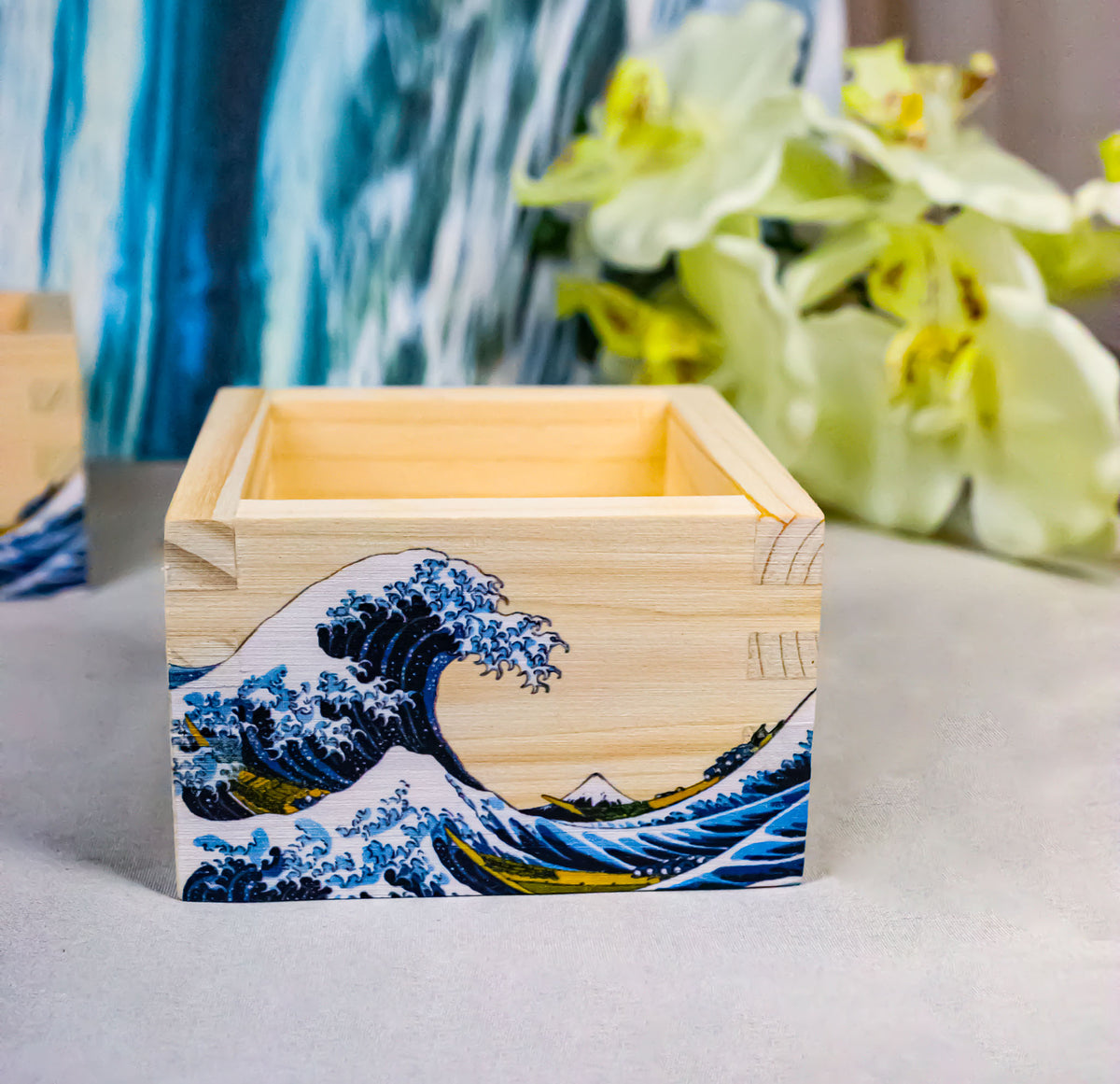 Set Of 3 Great Wave Of Kanagawa Hokusai Traditional Masu Square Box Sake Cups