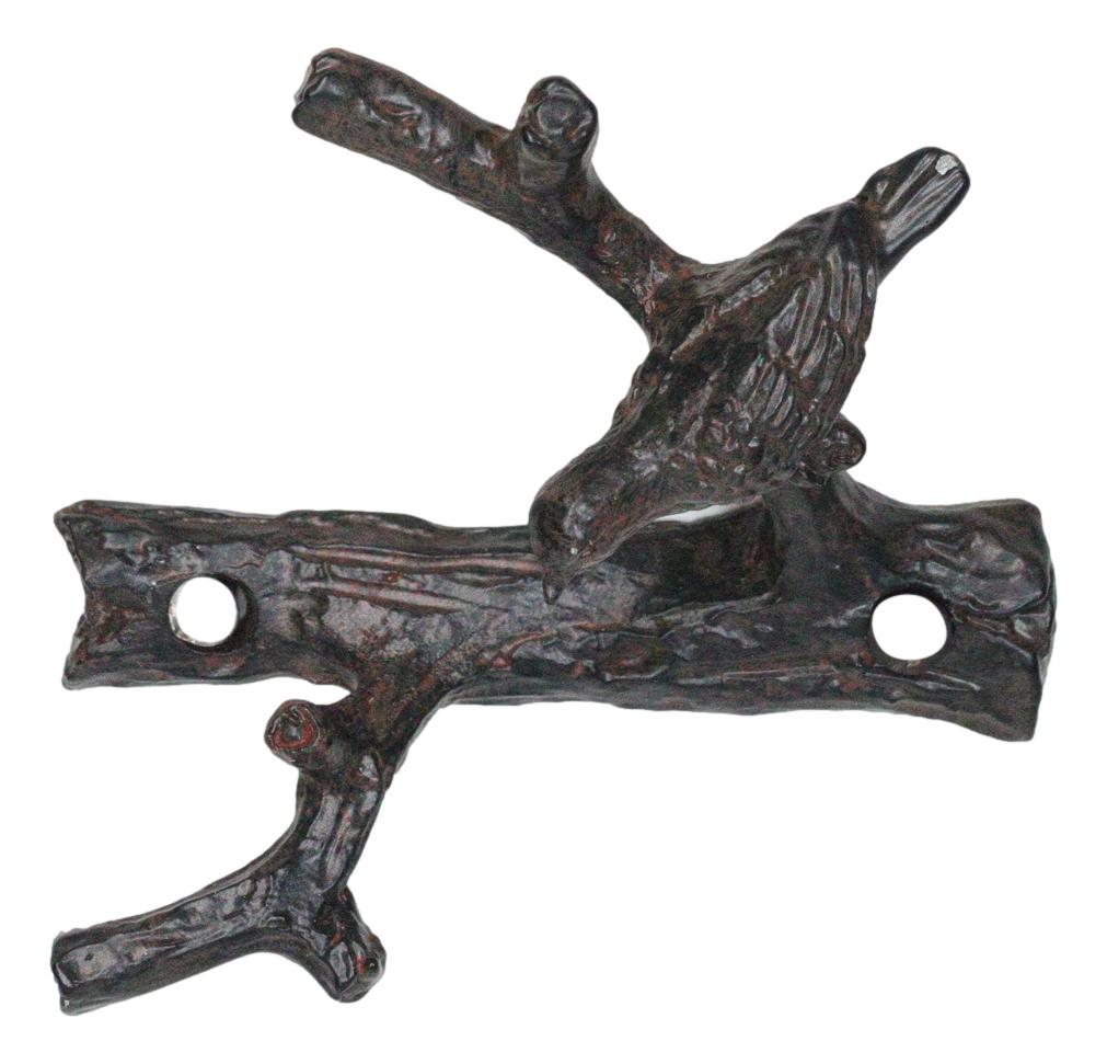 Set of 2 Cast Iron Rustic Bird Perching On Twig Branches 2-Pegs Wall Hooks