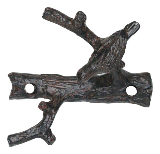 Set of 2 Cast Iron Rustic Bird Perching On Twig Branches 2-Pegs Wall Hooks